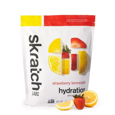 Skratch Labs 1320g Sport Hydration Drink Mix in Strawberry Lemonade flavour; large-size pouch ideal for endurance training and high-volume sweat sessions.