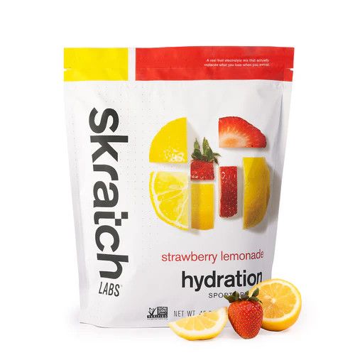 Skratch Labs 1320g Sport Hydration Drink Mix in Strawberry Lemonade flavour; large-size pouch ideal for endurance training and high-volume sweat sessions.