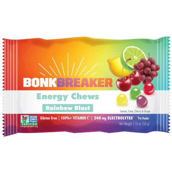Bonk Breaker Energy Chews Rainbow Blast pouch (Lemon, Lime, Cherry, Grape) on a white background.