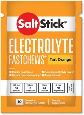 SaltStick FastChews Orange 10-count pouch displayed upright on a white background.


