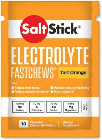 SaltStick FastChews Orange 10-count pouch displayed upright on a white background.

