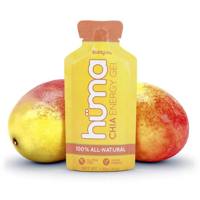 Hüma Chia Energy Gel in Mangoes flavour, showing single-serve pouch with clean, fruit-forward packaging.