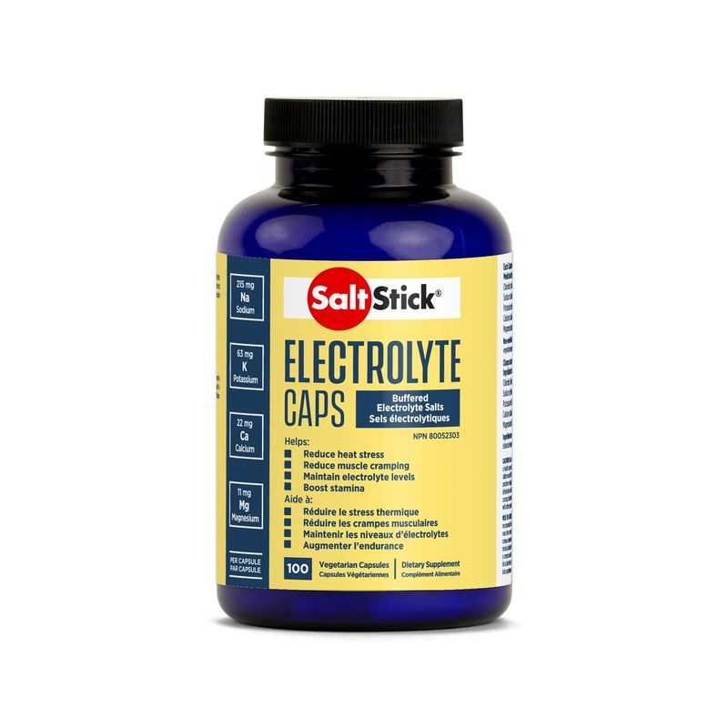SaltStick Capsules 100-count bottle shown upright on a white background, with label highlighting electrolyte content and clean formulation.