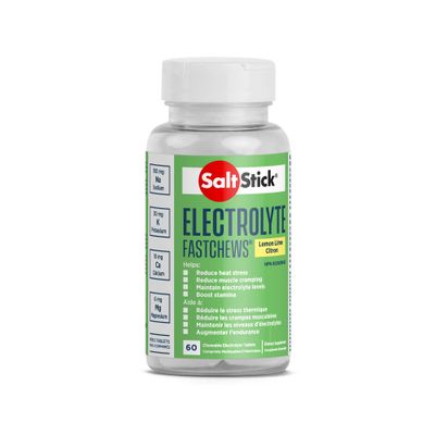 Green bottle of SaltStick FastChews Lemon Lime on a clean white background.