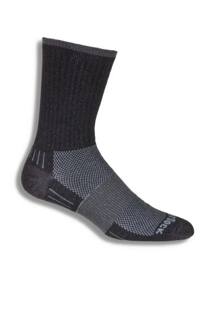 Wrightsock Escape Crew Anti-Blister socks in black, displayed upright with visible cuff height and double-layer construction.
