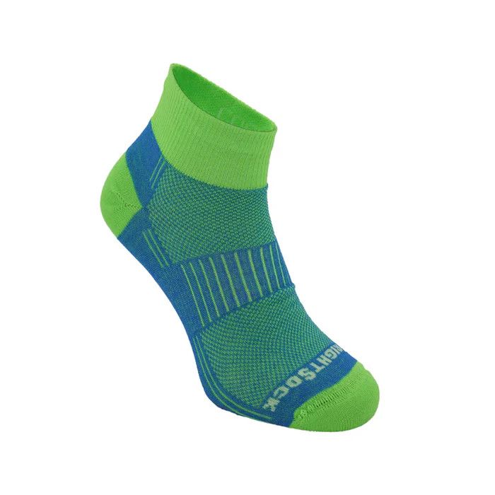 Wrightsock Coolmesh II Quarter Socks in Blue and Green, displayed with visible double-layer design and mesh ventilation panels.
