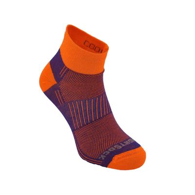 Wrightsock Coolmesh II Quarter Socks in royal blue and orange, displayed with visible double-layer design and mesh ventilation panels.