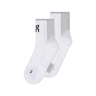 On Performance Run Sock Mid in White | Glacier with contrast logo and ribbed cuff, shown in side view to highlight targeted cushioning and ventilation panels.