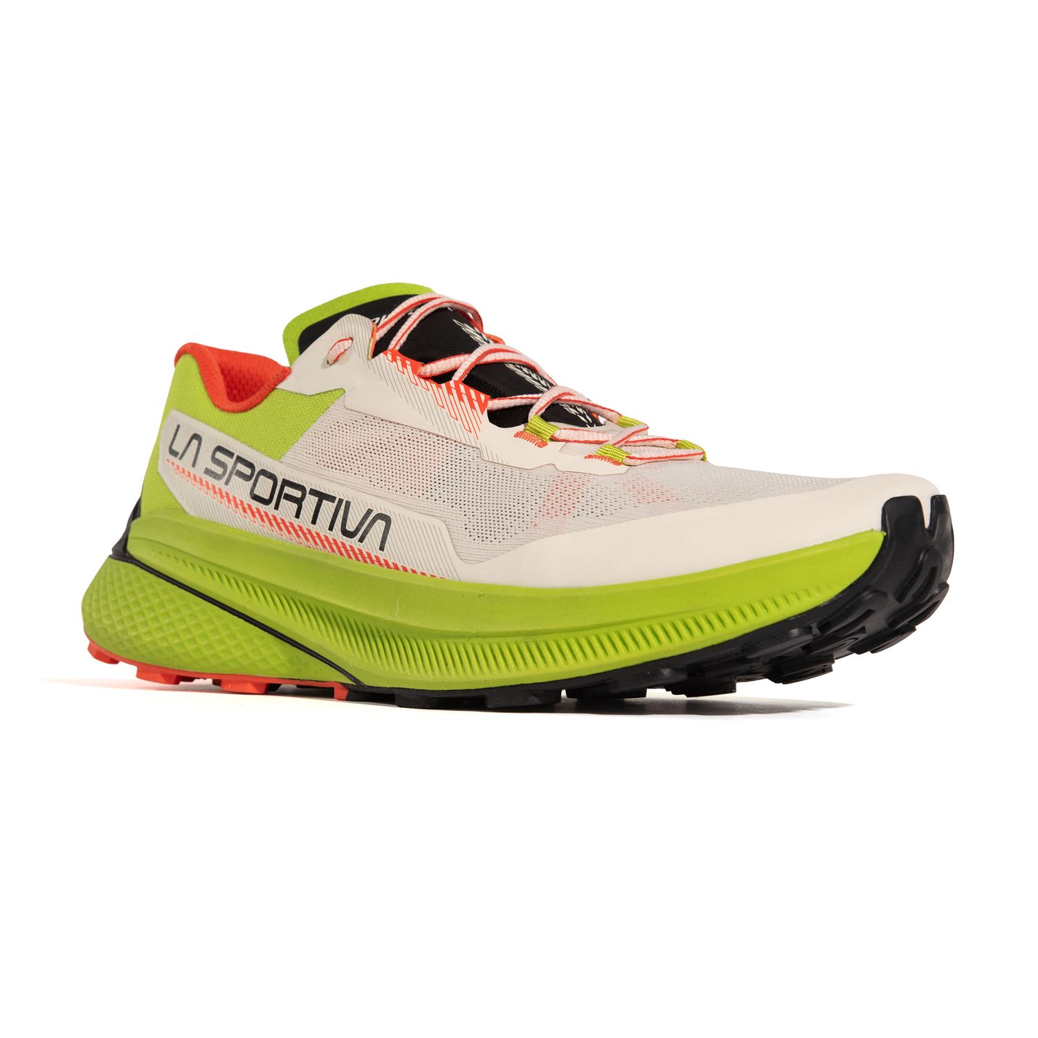 La Sportiva Prodigio trail running shoe in Antique White, side view showing engineered knit upper, sleek rocker shape, and dual-density tread.

