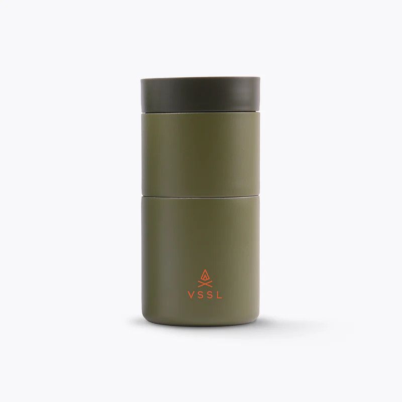 Portable stainless steel pour over coffee set in green moss colour, for outdoor brewing.