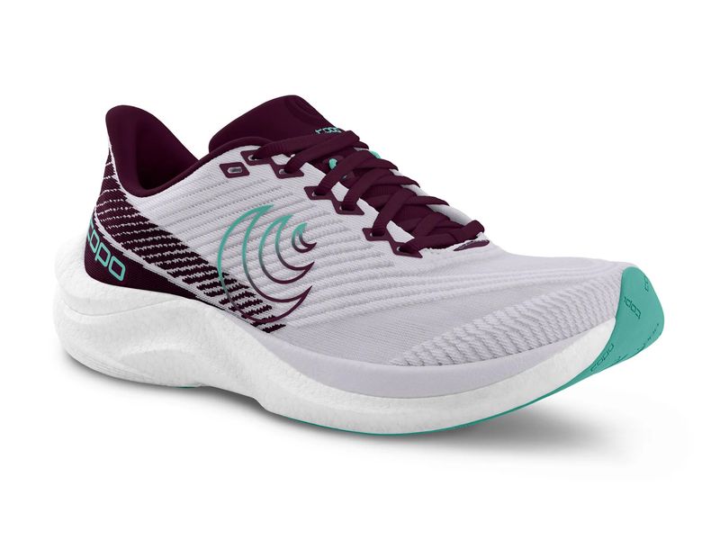 Topo Cyclone running shoes in purple and lilac with Pebax® midsole and breathable mesh upper.