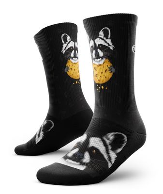 Mid-calf performance socks featuring a bold raccoon print with breathable mesh and arch support.

