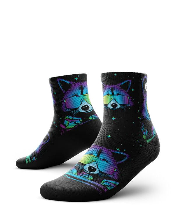 Quarter-height athletic socks with racoon images