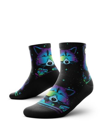 Quarter-height athletic socks with racoon images