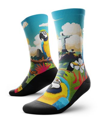 Mid-calf performance socks with tropical parrot design, breathable mesh, and arch support.

