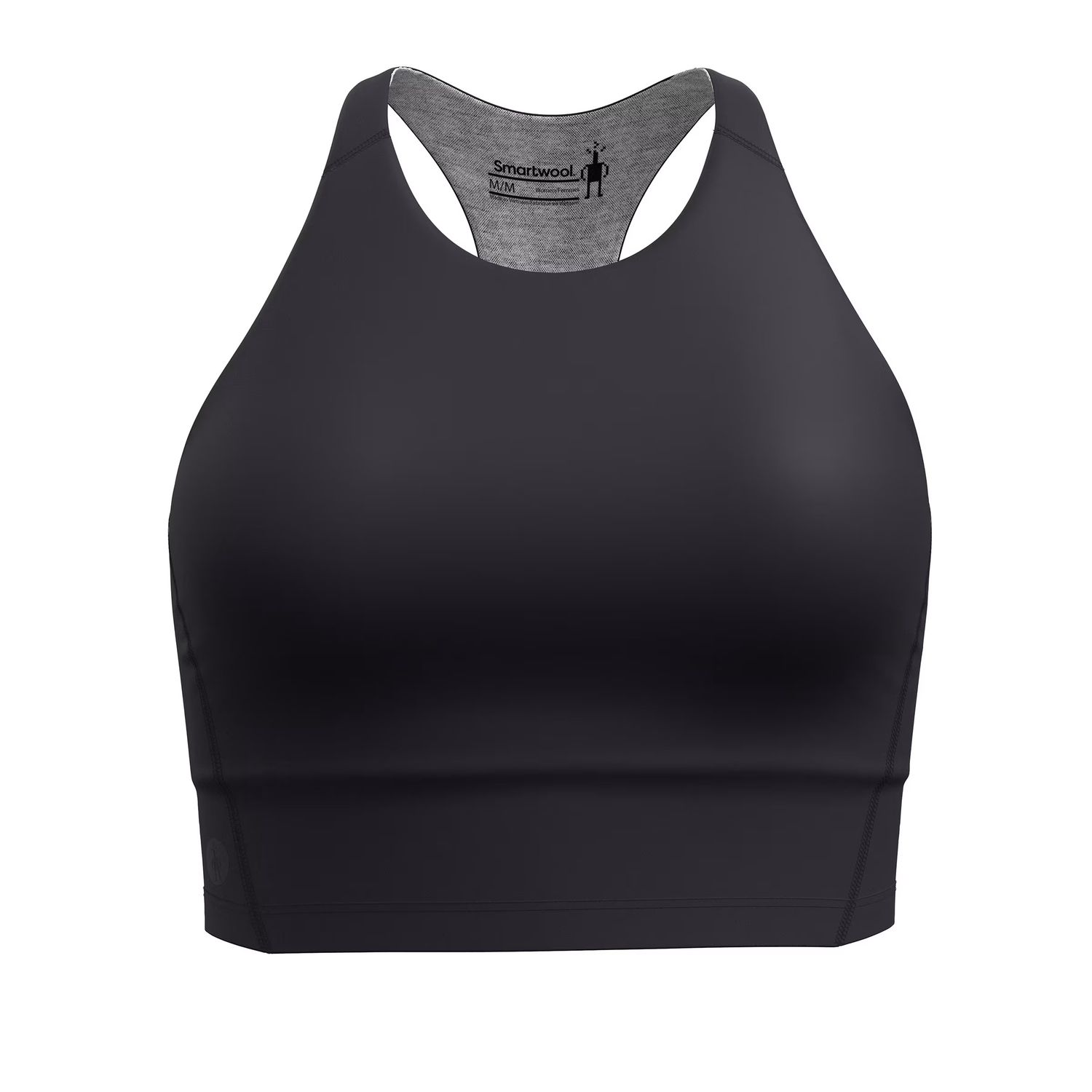 Smartwool women’s Active Crop Bra in black, showing front view with removable padded cups and mesh lining detail.