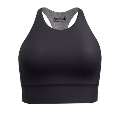 Smartwool women’s Active Crop Bra in black, showing front view with removable padded cups and mesh lining detail.