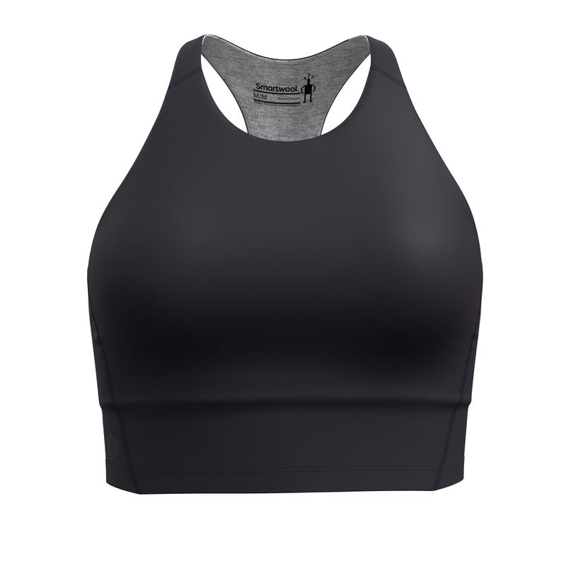 Smartwool women’s Active Crop Bra in black, showing front view with removable padded cups and mesh lining detail.