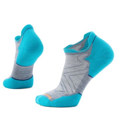 Smartwool Run Targeted Cushion Low Ankle Socks in pewter and blue, visible heel and forefoot padding, mesh zones.