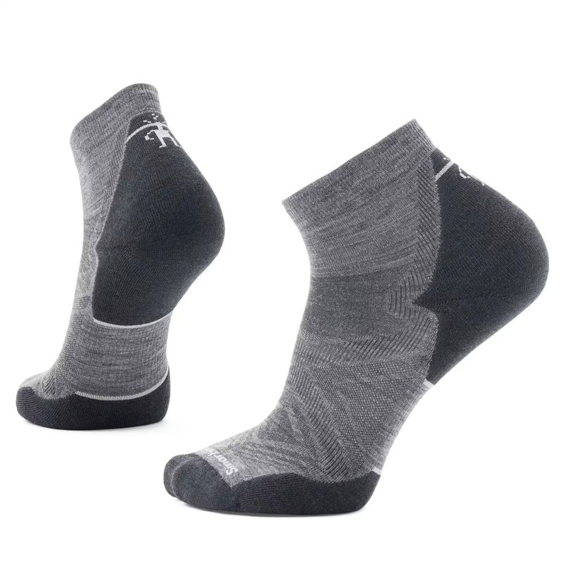 Smartwool Run Targeted Cushion Ankle Socks in grey, shown flat with heel and forefoot padding.