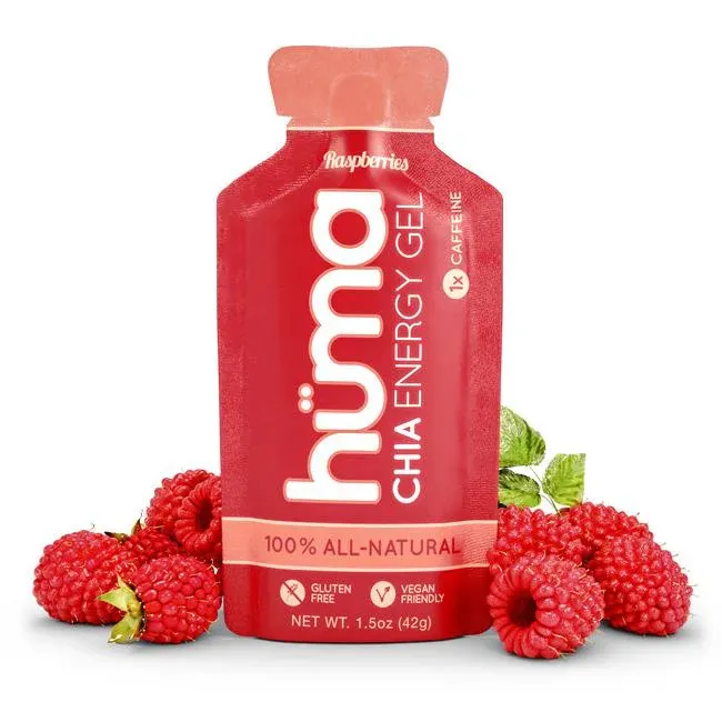Hüma Chia Energy Gel in Raspberry flavour with caffeine, shown in single-serving pouch with clean, bold label.