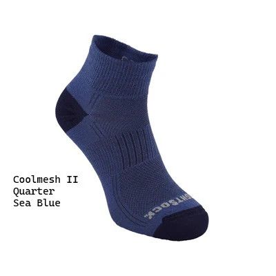 Wrightsock CoolMesh II Quarter Socks insea blue , shown angled to display mesh panel, and cuff height.