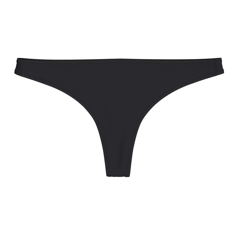 Smartwool Women&#39;s Everyday Merino Thong in black, laid flat to show slim fit and lightweight fabric.

