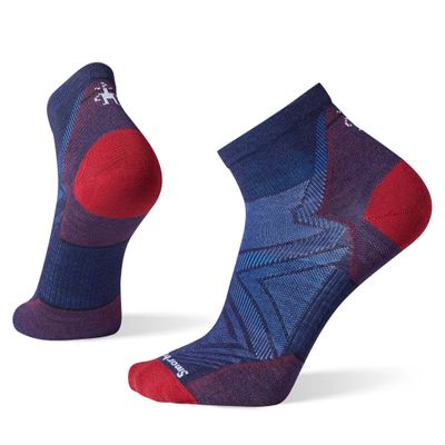 Smartwool Run Zero Cushion Ankle Socks in deep navy, shown from a side angle to highlight low-cut design and technical mesh 
