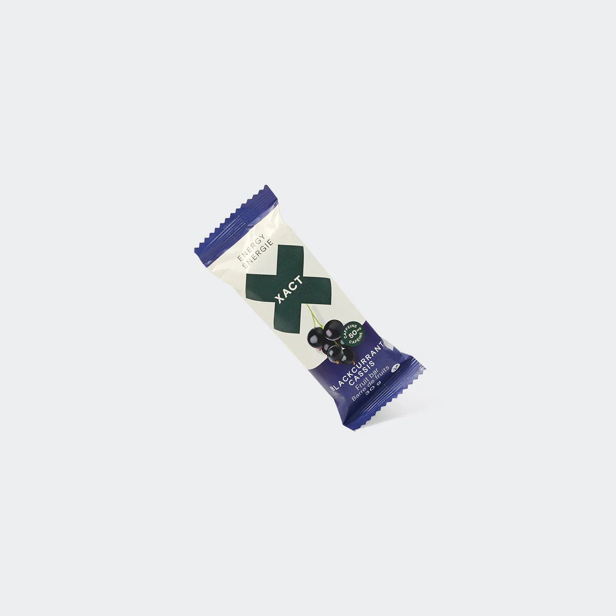 Blackcurrant XACT Energy Fruit Bar in wrapper, showcasing soft fruit-based texture.