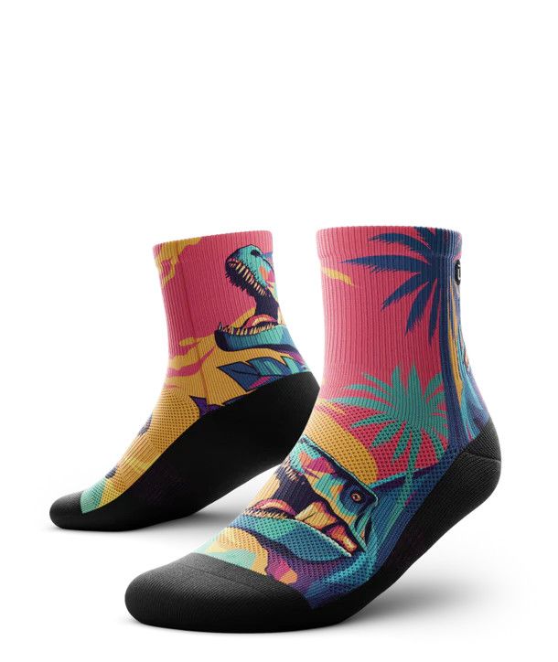 Outway performance quarter socks with psychedelic dinosaur graphics