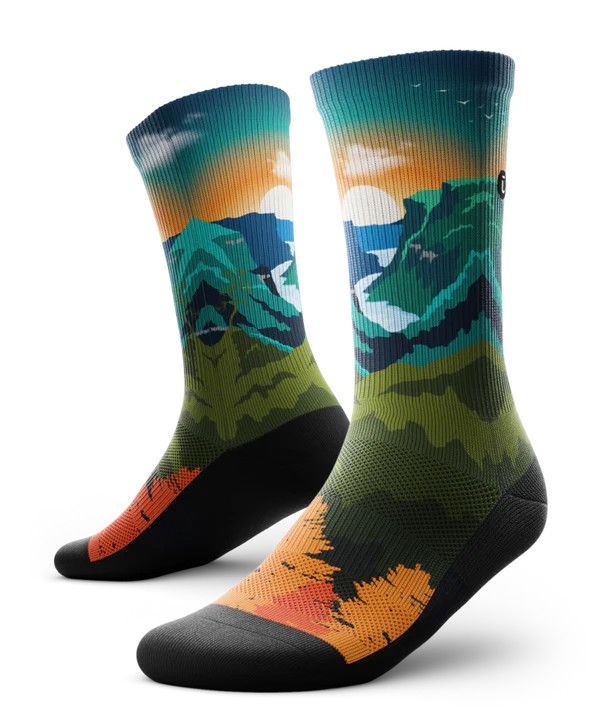 Outway performance crew socks featuring a Gros Morne National Park-inspired design