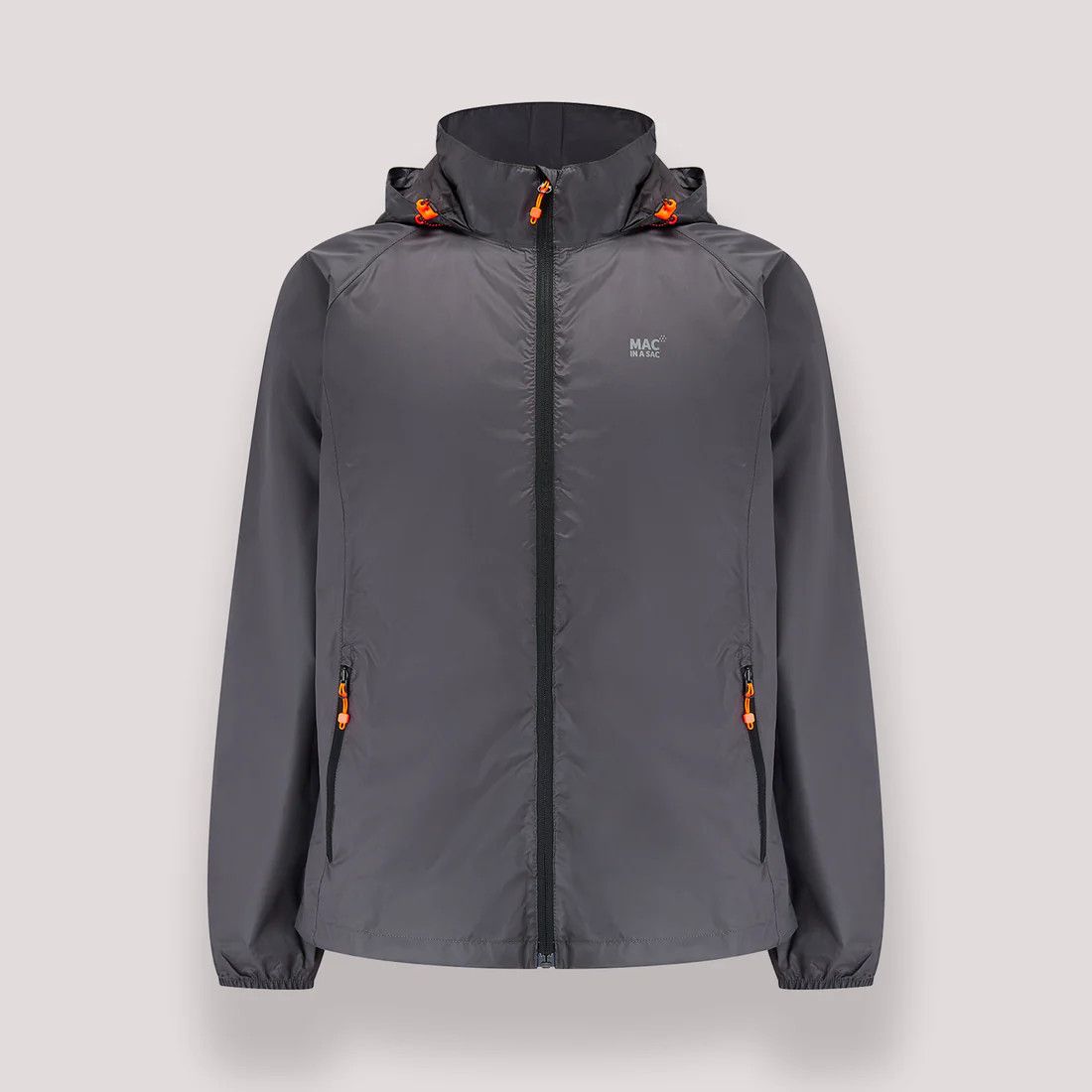 Charcoal waterproof jacket with adjustable hood and packable design for outdoor protection.
