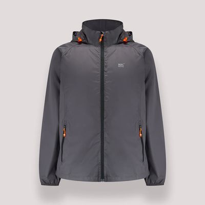 Charcoal waterproof jacket with adjustable hood and packable design for outdoor protection.
