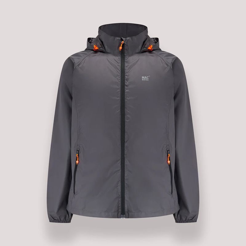 Charcoal waterproof jacket with adjustable hood and packable design for outdoor protection.
