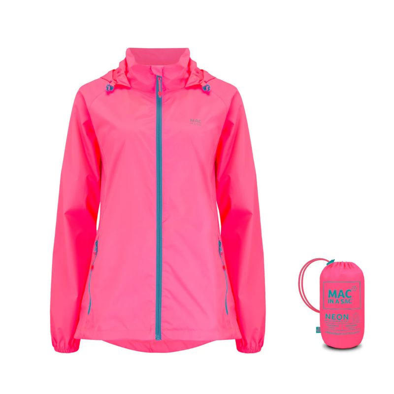 Pink Neon waterproof jacket with reflective details, packable design
