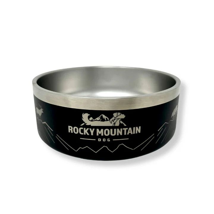 stainless steel dog bowl with Rocky Mountain wildlife design