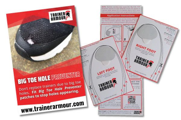 Self-adhesive big toe hole preventer patch for running shoes and trainers