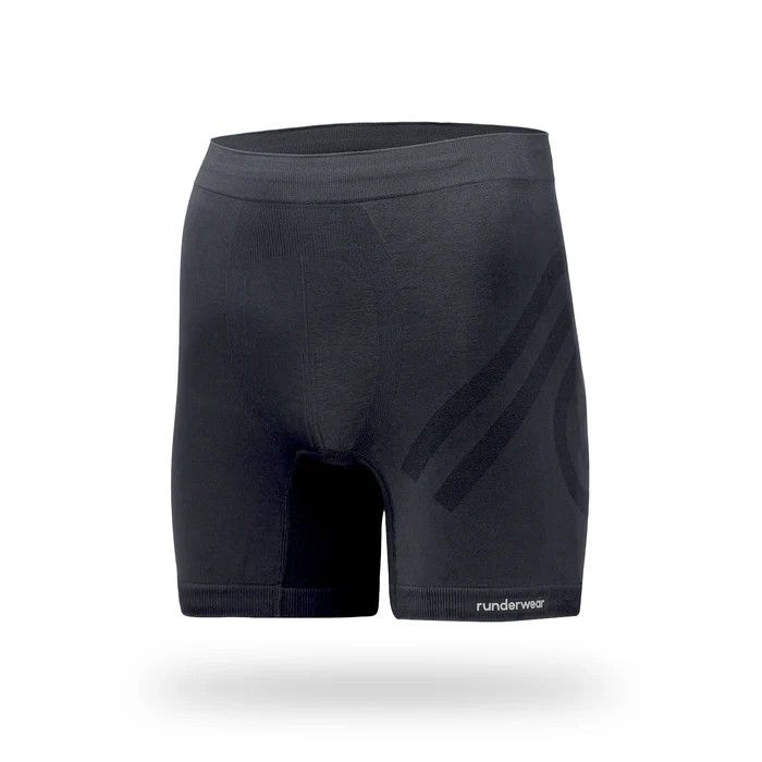 Black men’s running boxers made from recycled fabric, lightweight, breathable, and anti-chafe for marathon training and trail