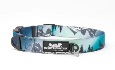 Rocky Mountain Dog collar with Three Sisters Peaks and wolf design
