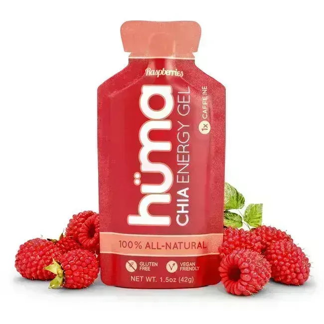 Hüma Chia Energy Gel in Raspberry flavour with caffeine, shown in single-serving pouch with clean, bold label.