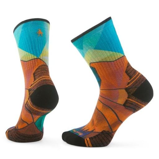 Hike Targeted Cushion Mountain Prism Print Crew Socks, Color: Orange Rust, Size: Med