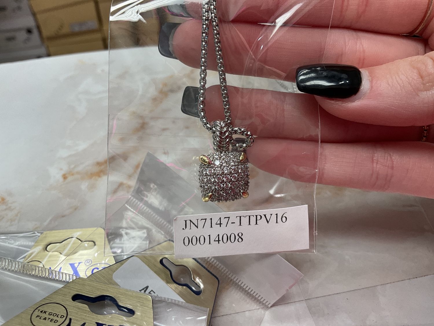 Silver square pave pendant necklace
