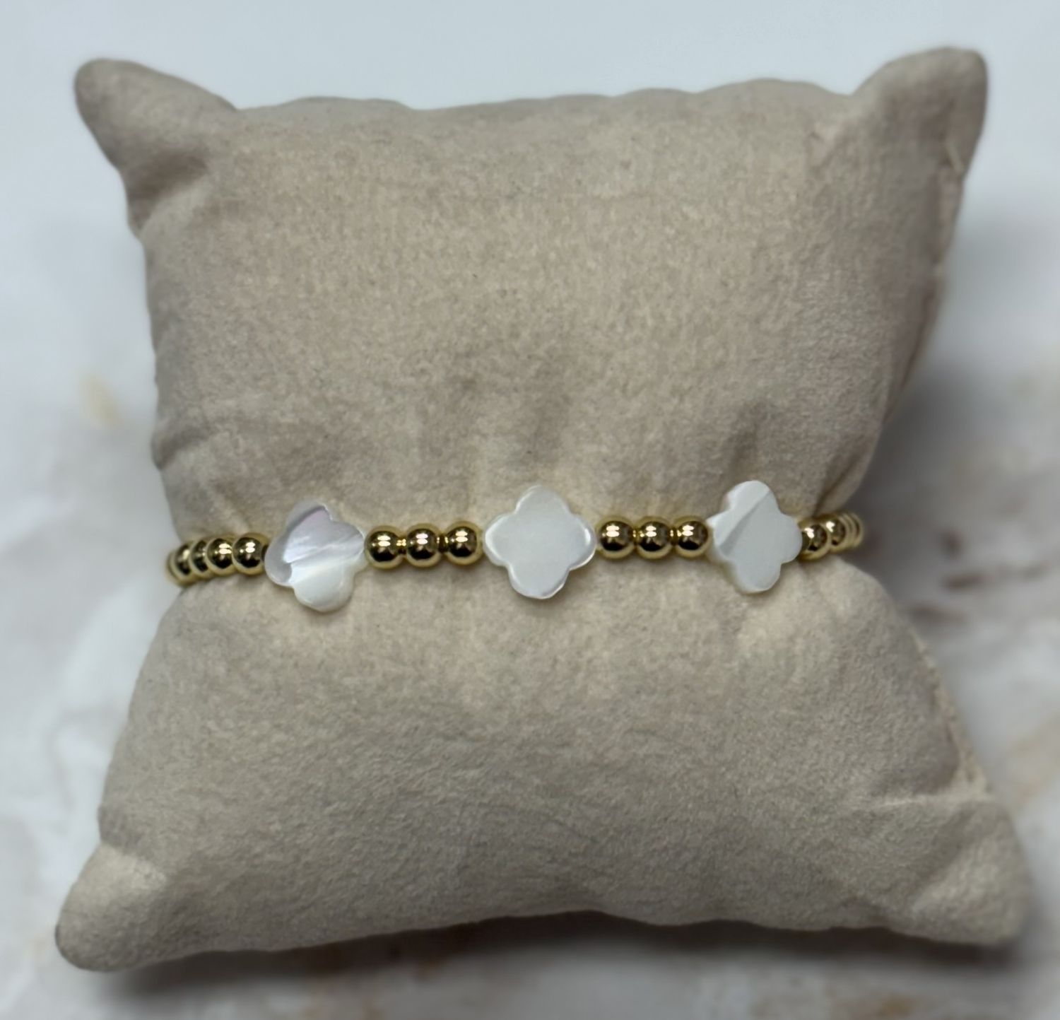 Gold Beaded Bracelet w/ clovers