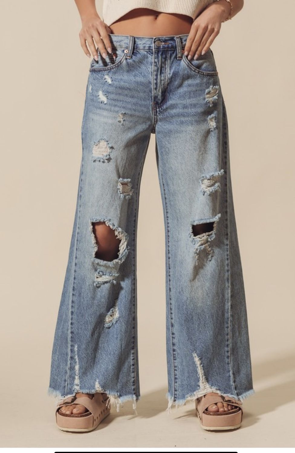 Mid rise wide fit destructed and distressed