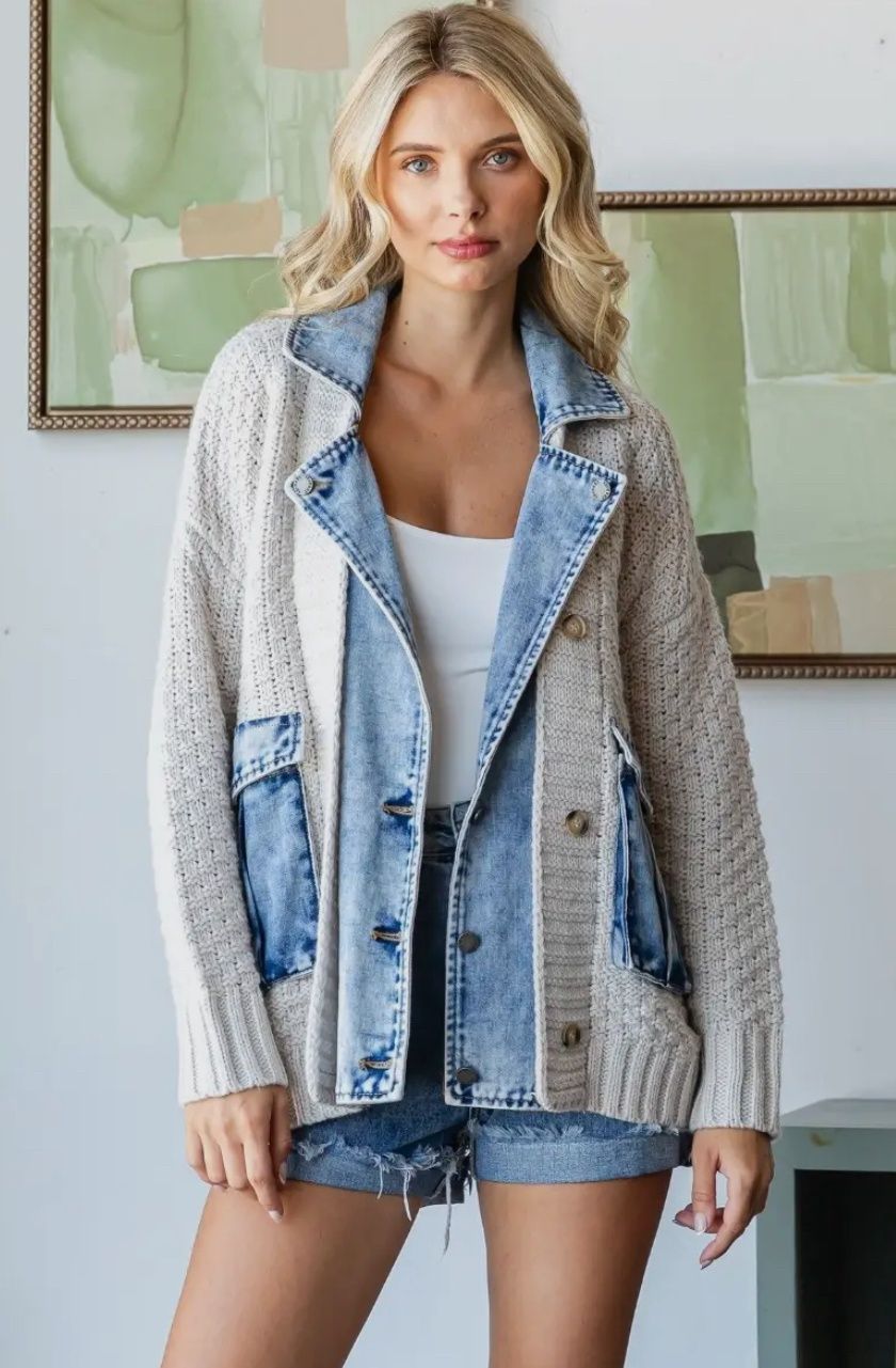 Knit Body Denim Layered Jacket