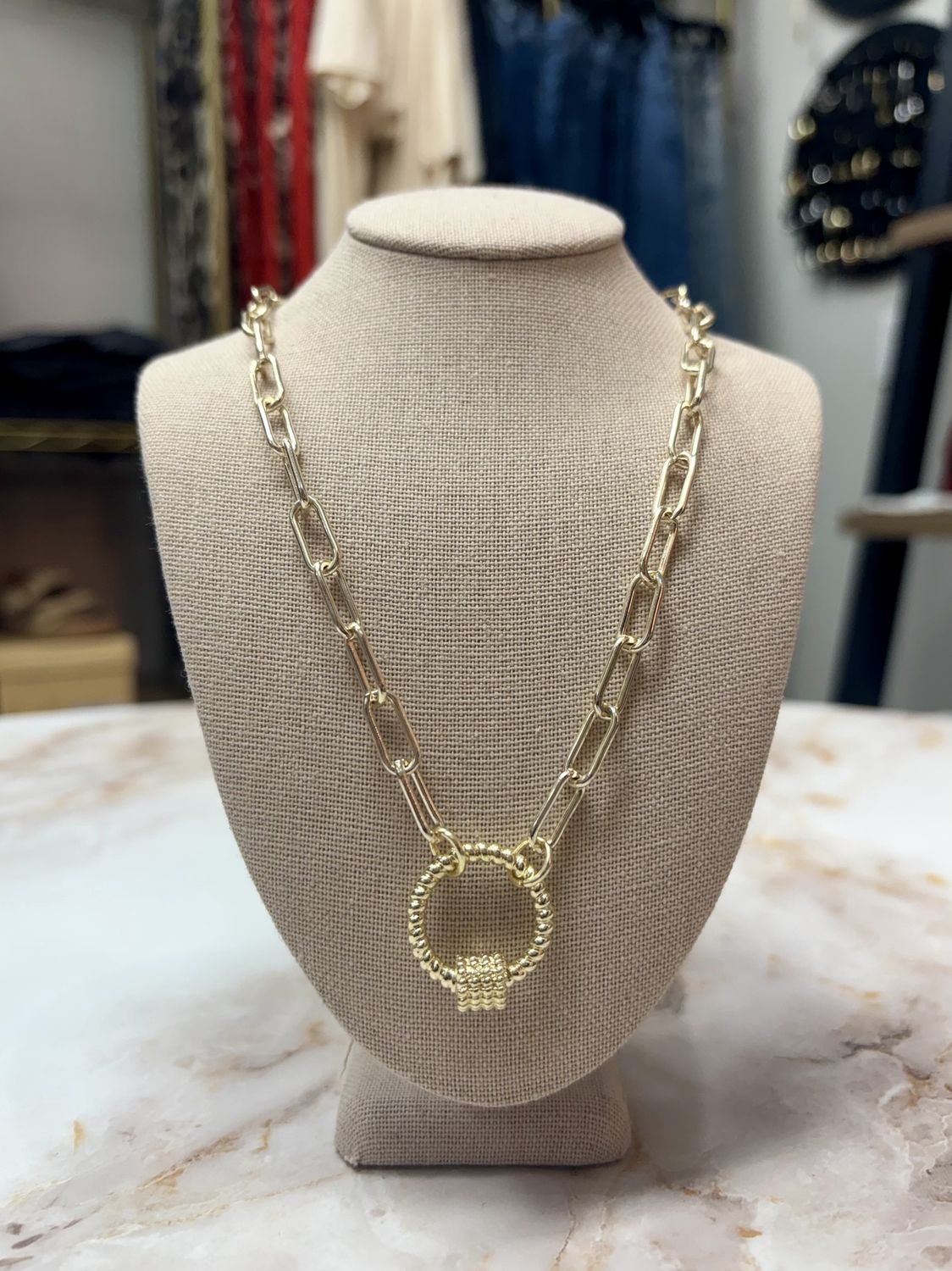 Gold Paperclip circle pendant necklace