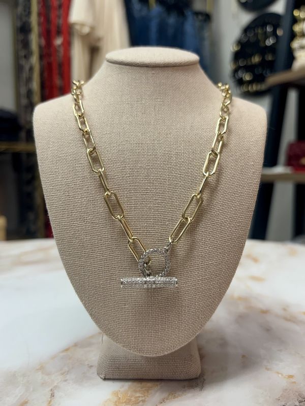 Gold paperclip with pave toggle