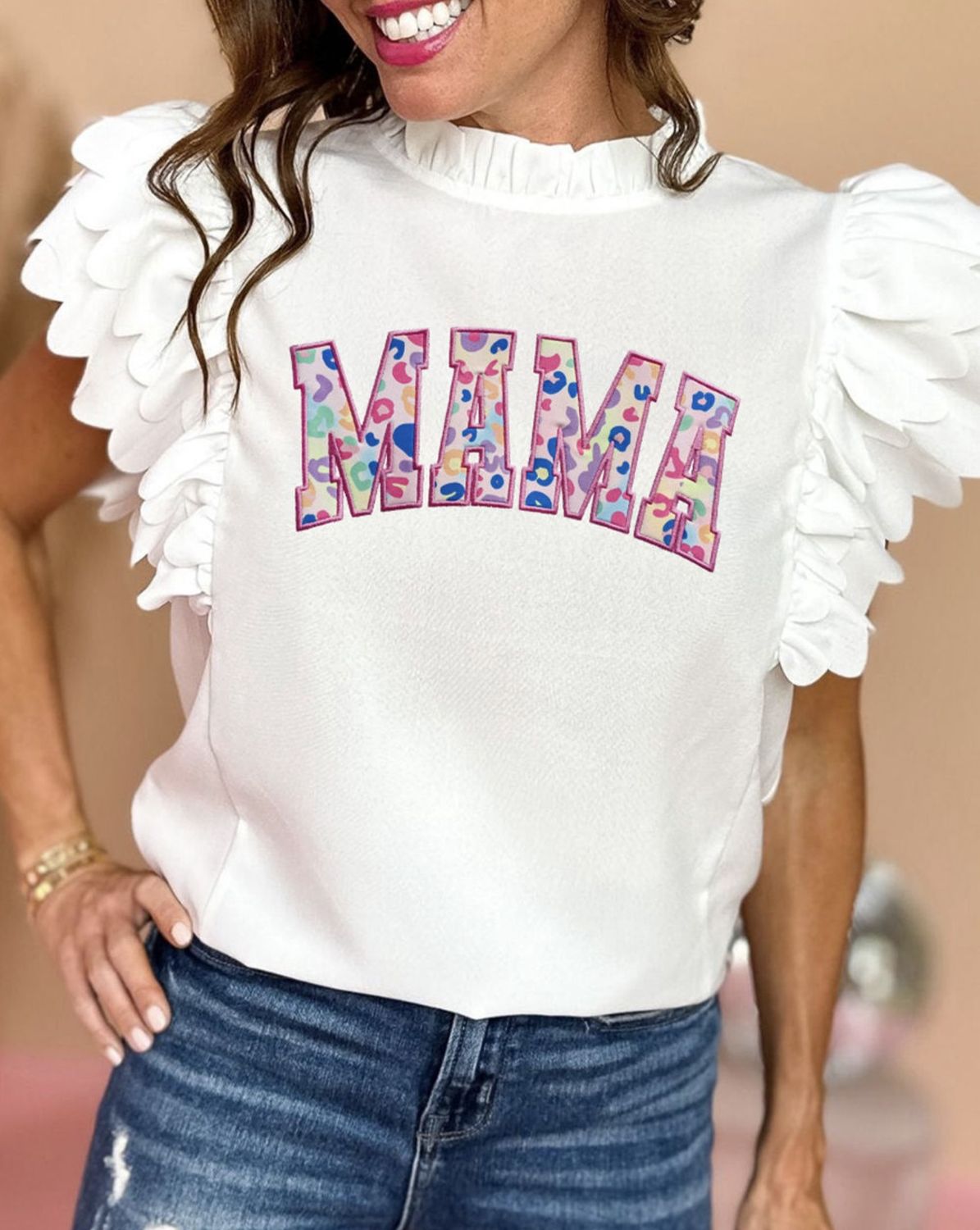 MAMA Leopard Scallop Sleeves Shirt