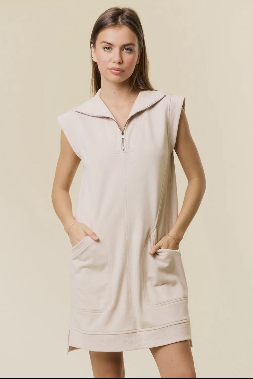 Zip Front Cap Sleeve Mini Dress with Front Pockets