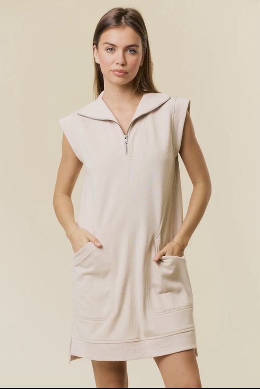 Zip Front Cap Sleeve Mini Dress with Front Pockets